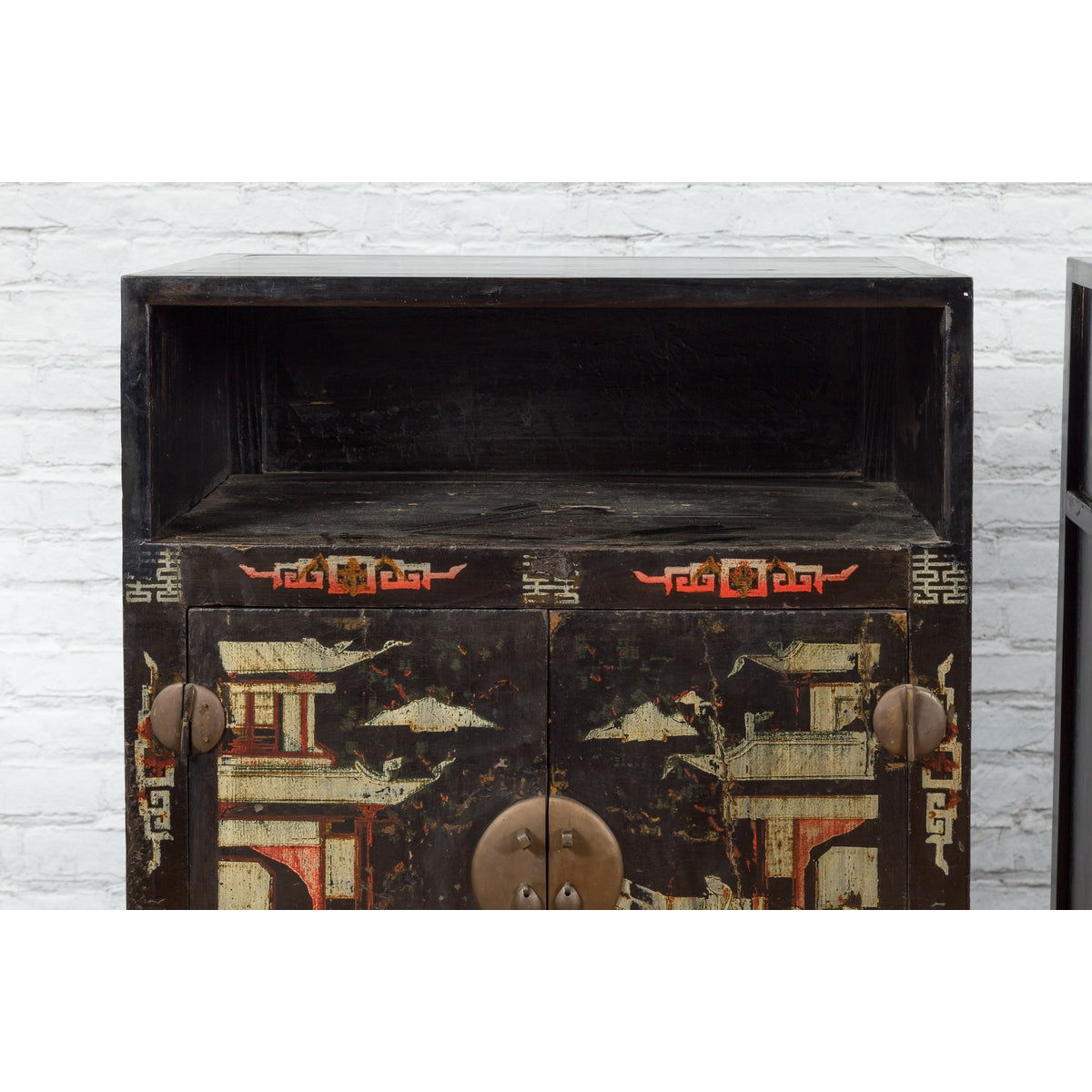 Pair of Chinese Qing Dynasty Black Lacquer Cabinets with Hand Painted Motifs-6. Asian &amp; Chinese Furniture, Art, Antiques, Vintage Home Décor for sale at FEA Home