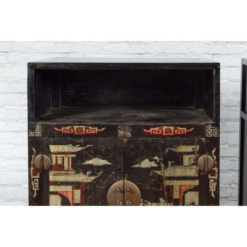 Pair of Chinese Qing Dynasty Black Lacquer Cabinets with Hand Painted Motifs-YN1103-6. Asian & Chinese Furniture, Art, Antiques, Vintage Home Décor for sale at FEA Home