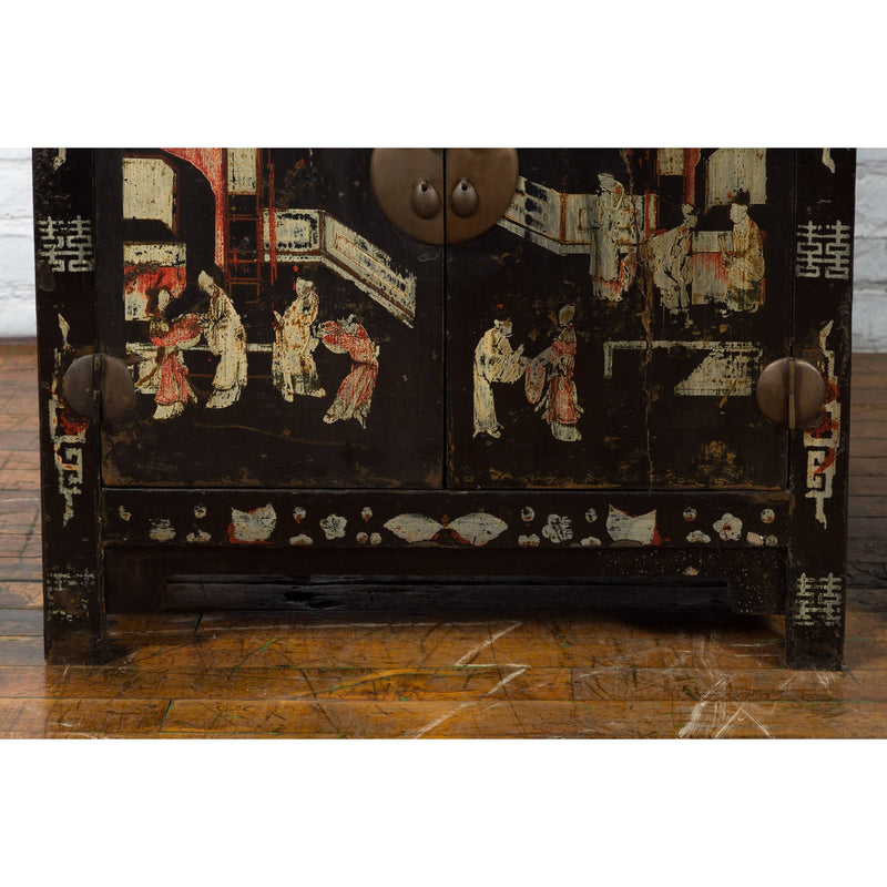 Pair of Chinese Qing Dynasty Black Lacquer Cabinets with Hand Painted Motifs-YN1103-8. Asian & Chinese Furniture, Art, Antiques, Vintage Home Décor for sale at FEA Home
