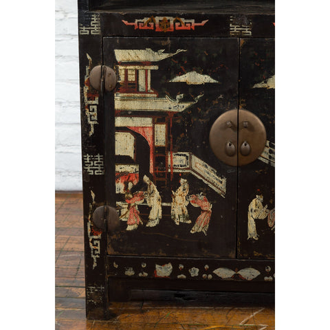 Pair of Chinese Qing Dynasty Black Lacquer Cabinets with Hand Painted Motifs-YN1103-9. Asian & Chinese Furniture, Art, Antiques, Vintage Home Décor for sale at FEA Home