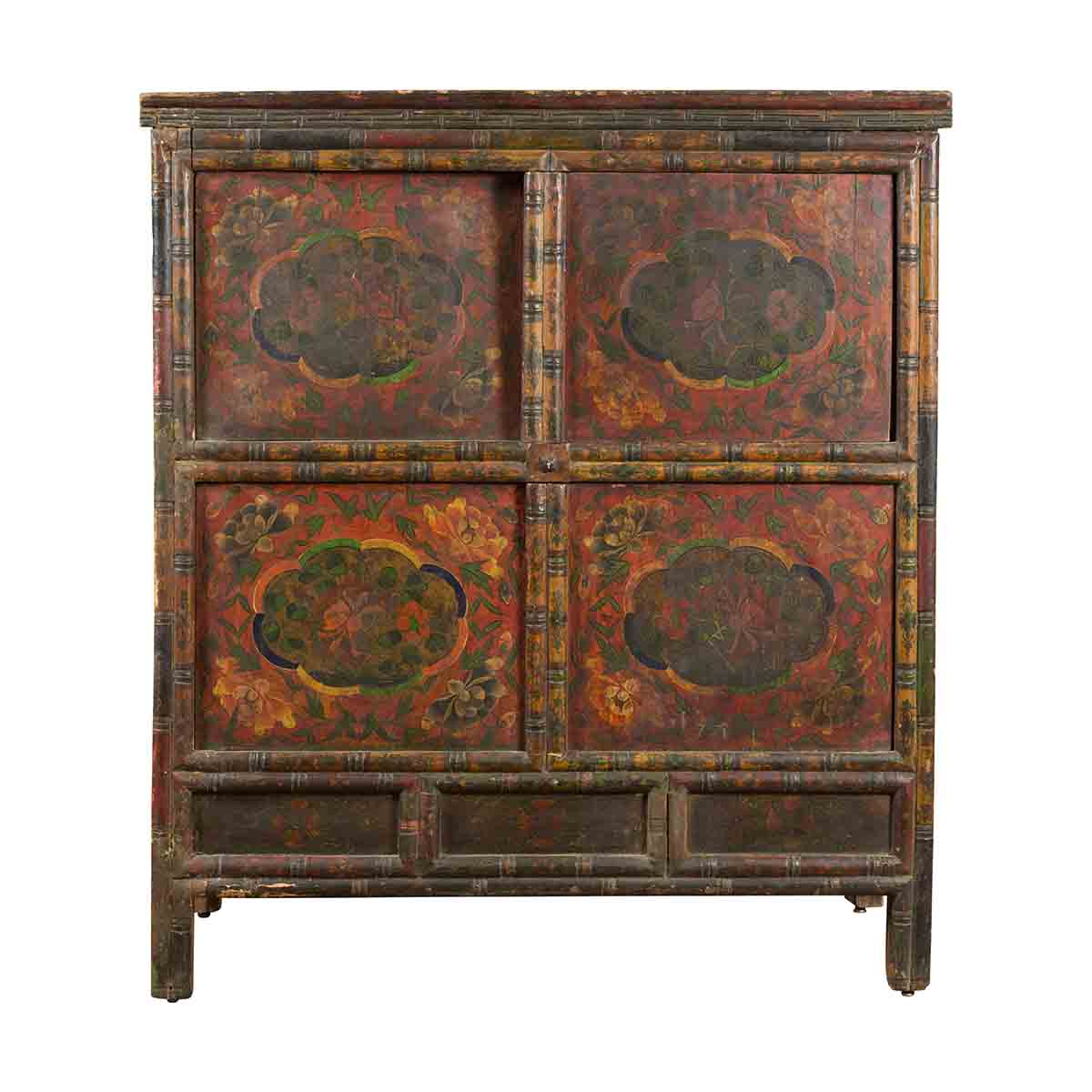 19th Century Polychrome Tibetan Cabinet with Double Doors and Painted Cartouches-1. Asian & Chinese Furniture, Art, Antiques, Vintage Home Décor for sale at FEA Home