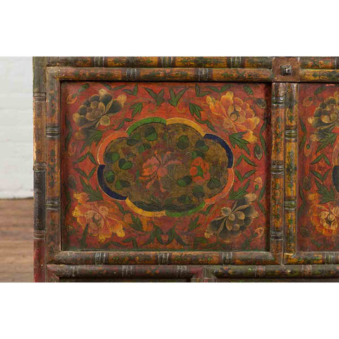 19th Century Polychrome Tibetan Cabinet with Double Doors and Painted Cartouches