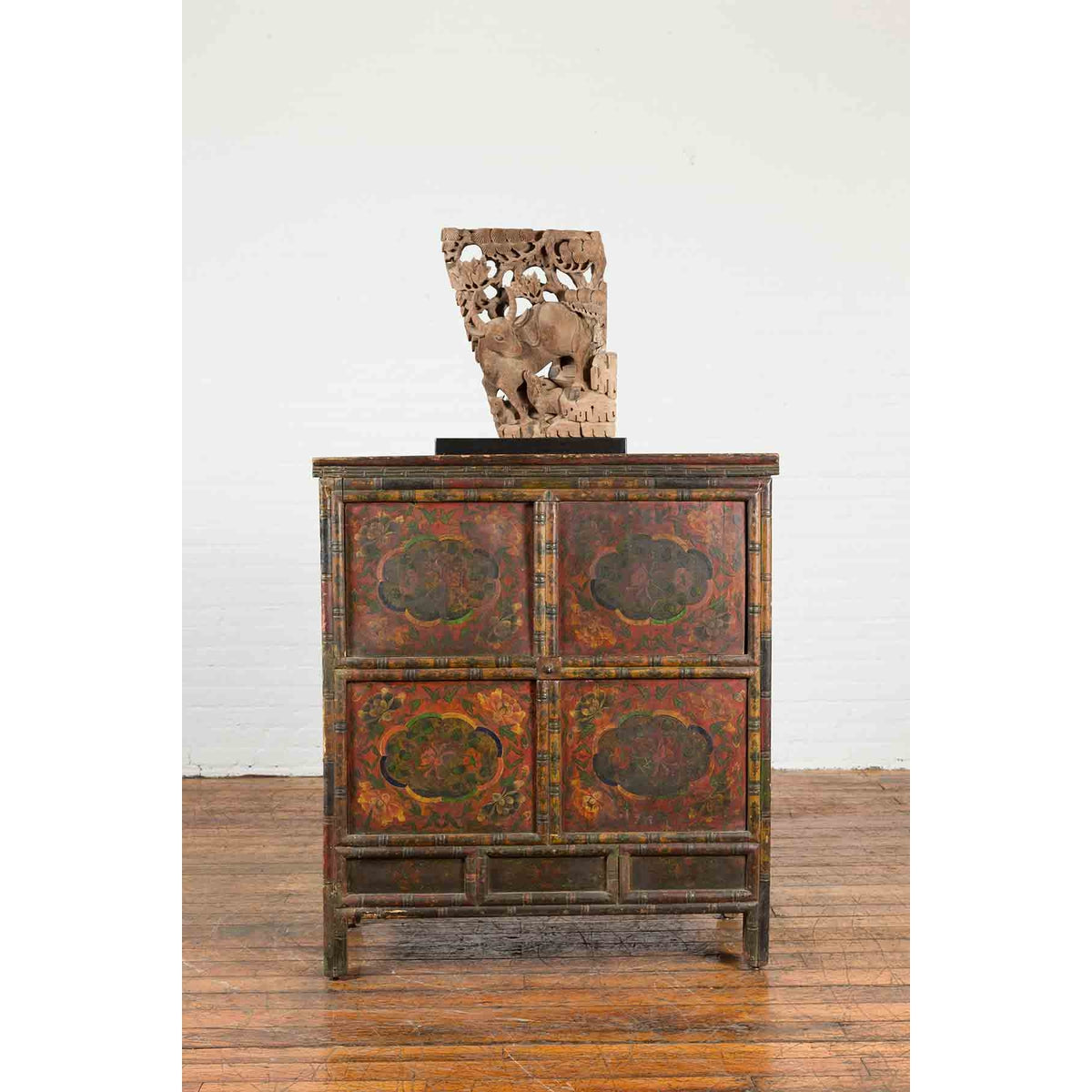 19th Century Polychrome Tibetan Cabinet with Double Doors and Painted Cartouches-3. Asian &amp; Chinese Furniture, Art, Antiques, Vintage Home Décor for sale at FEA Home