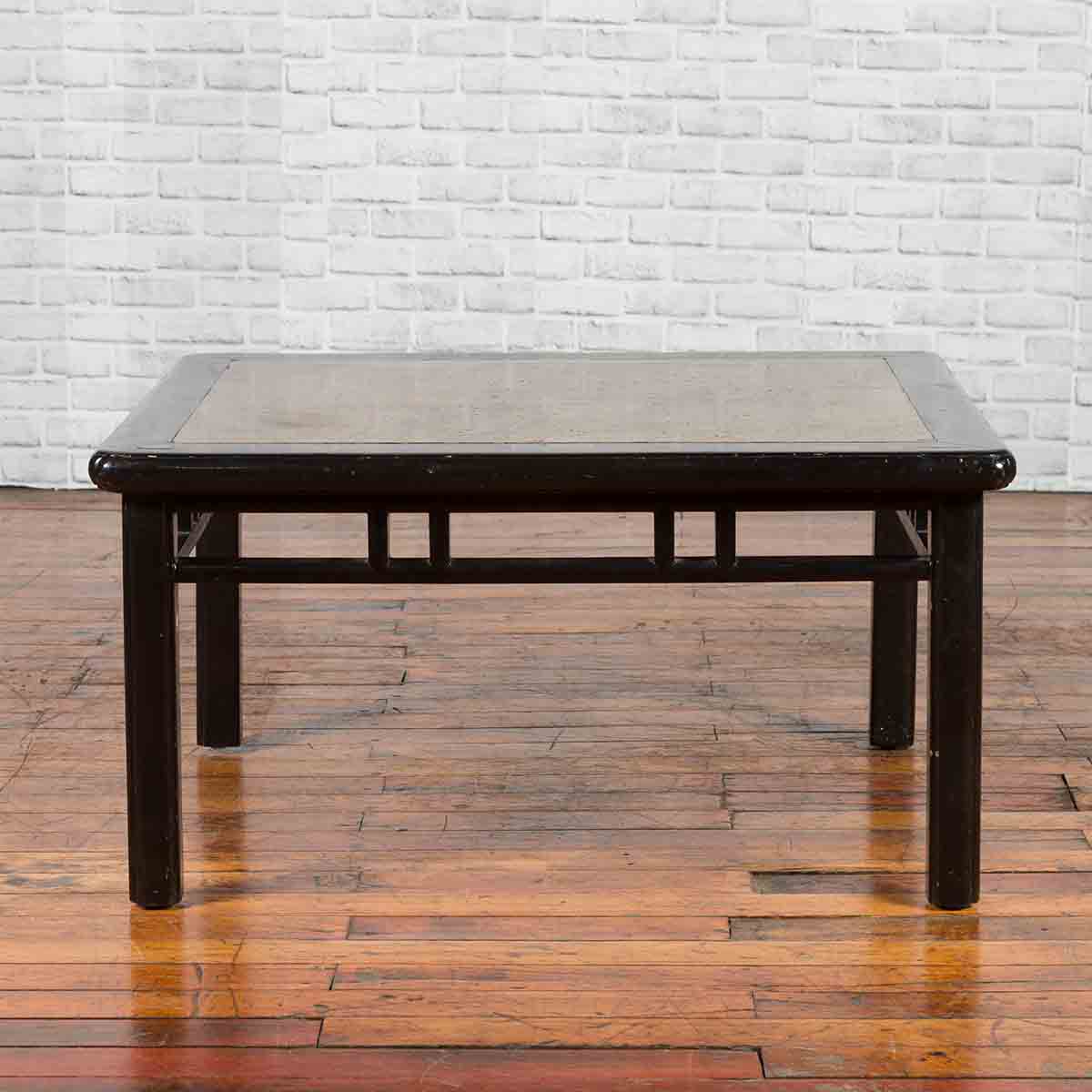 Chinese Early 20th Century Black Lacquered Coffee Table with Stone Top Inset-2. Asian & Chinese Furniture, Art, Antiques, Vintage Home Décor for sale at FEA Home