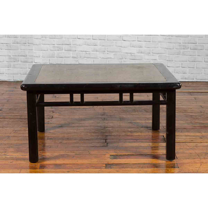 Chinese Early 20th Century Black Lacquered Coffee Table with Stone Top Inset-YN1138-3. Asian & Chinese Furniture, Art, Antiques, Vintage Home Décor for sale at FEA Home