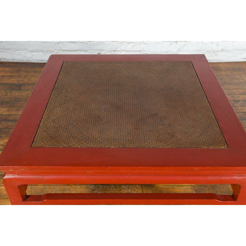 Chinese Early 20th Century Red Lacquer Coffee Table with Hand-Woven Rattan Top - Antique and Vintage Asian Furniture for Sale at FEA Home
