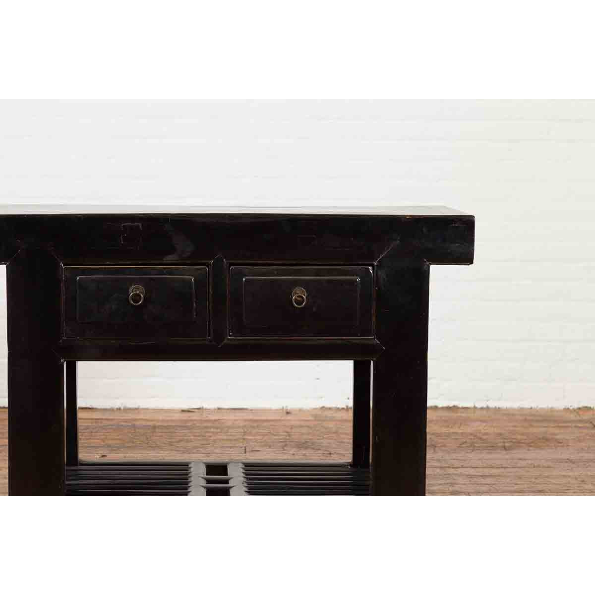 Chinese Early 20th Century Black Lacquered Console Table with Two Drawers-7. Asian &amp; Chinese Furniture, Art, Antiques, Vintage Home Décor for sale at FEA Home