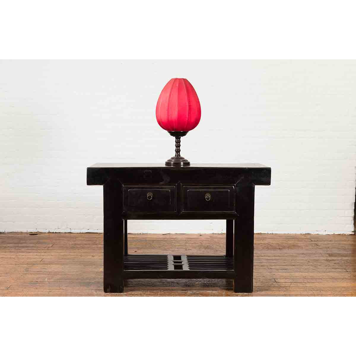 Chinese Early 20th Century Black Lacquered Console Table with Two Drawers-3. Asian &amp; Chinese Furniture, Art, Antiques, Vintage Home Décor for sale at FEA Home