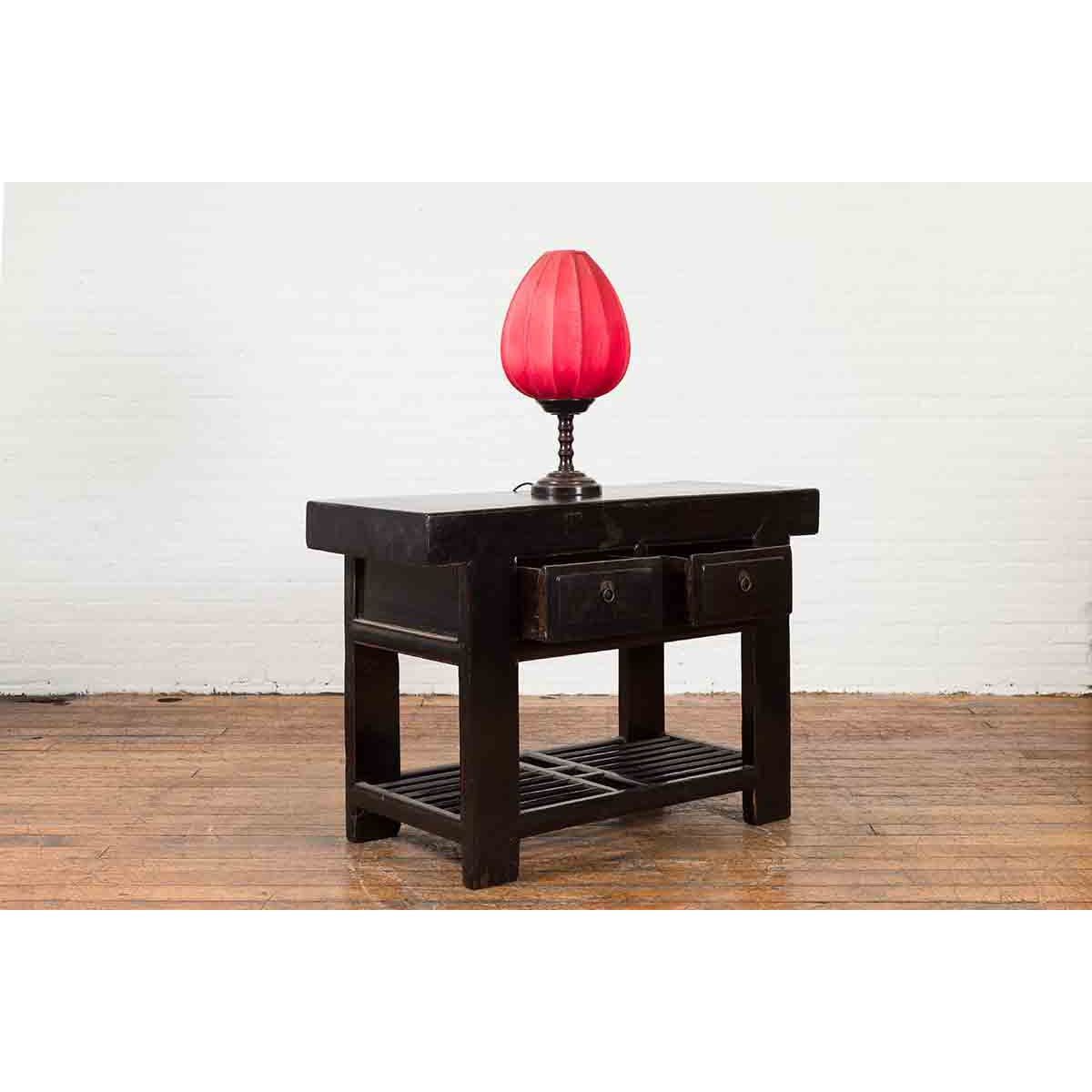 Chinese Early 20th Century Black Lacquered Console Table with Two Drawers-4. Asian &amp; Chinese Furniture, Art, Antiques, Vintage Home Décor for sale at FEA Home