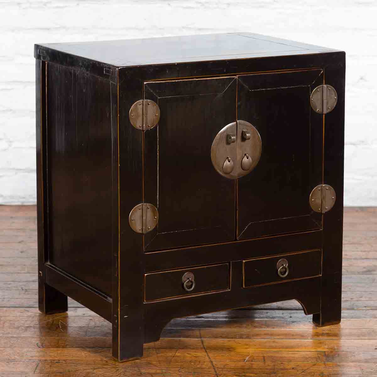 Qing Dynasty 19th Century Chinese Black Lacquer Side Cabinet with Two Drawers-2. Asian & Chinese Furniture, Art, Antiques, Vintage Home Décor for sale at FEA Home