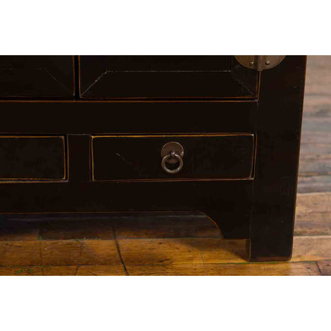 Qing Dynasty 19th Century Chinese Black Lacquer Side Cabinet with Two Drawers