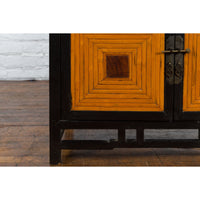 Chinese 1930s Art Deco Black Lacquer Two-Toned Side Cabinet with Bamboo Design
