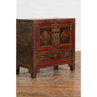 Chinese Qing Dynasty 19th Century Red Lacquer Cabinet with Painted Fruit Baskets