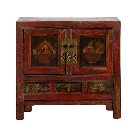 Chinese Qing Dynasty 19th Century Red Lacquer Cabinet with Painted Fruit Baskets-YN1207-1. Asian & Chinese Furniture, Art, Antiques, Vintage Home Décor for sale at FEA Home