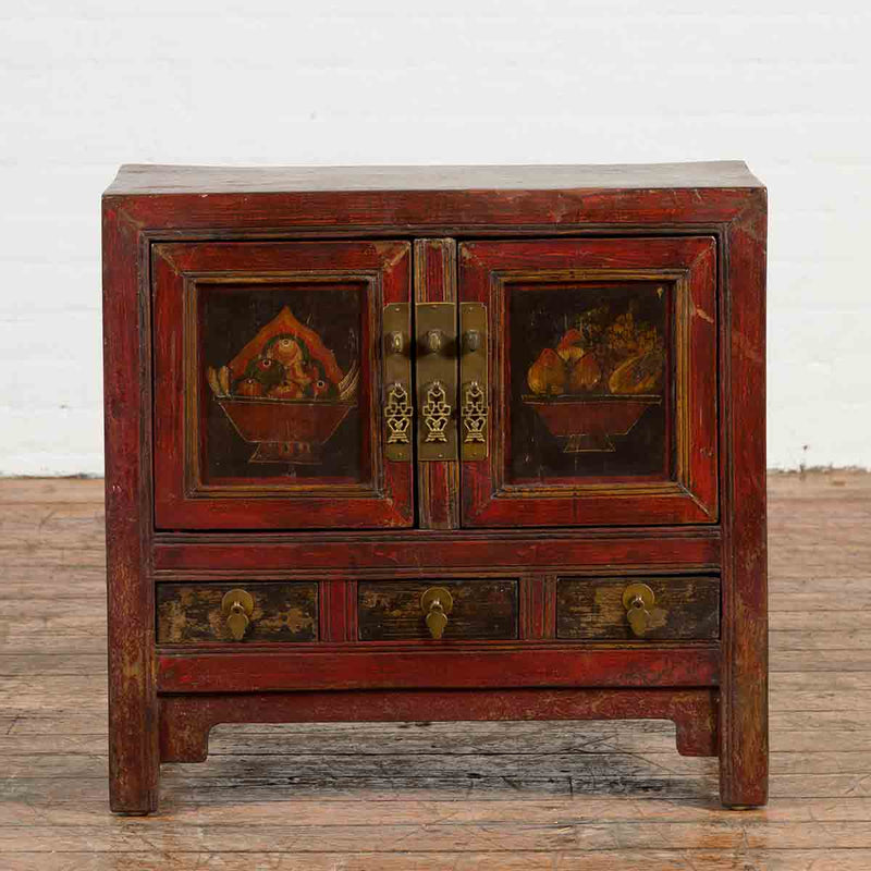 Chinese Qing Dynasty 19th Century Red Lacquer Cabinet with Painted Fruit Baskets-YN1207-2. Asian & Chinese Furniture, Art, Antiques, Vintage Home Décor for sale at FEA Home