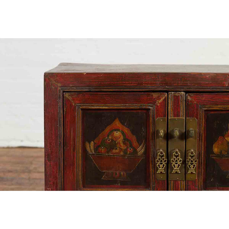 Chinese Qing Dynasty 19th Century Red Lacquer Cabinet with Painted Fruit Baskets-YN1207-6. Asian & Chinese Furniture, Art, Antiques, Vintage Home Décor for sale at FEA Home