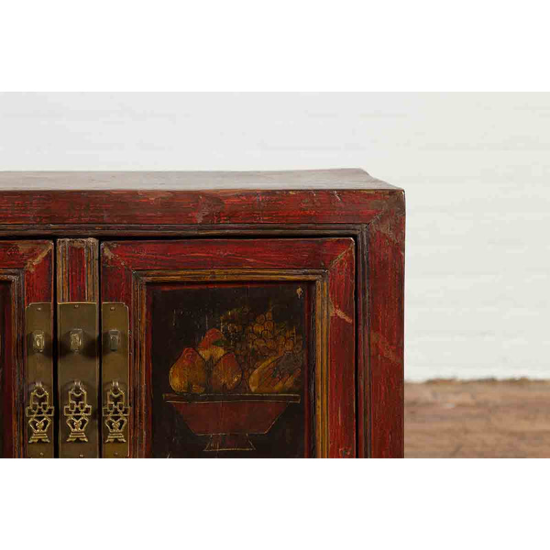 Chinese Qing Dynasty 19th Century Red Lacquer Cabinet with Painted Fruit Baskets-YN1207-7. Asian & Chinese Furniture, Art, Antiques, Vintage Home Décor for sale at FEA Home