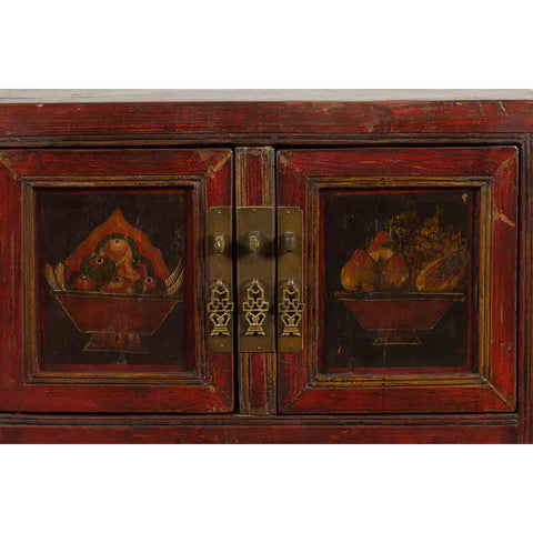 Chinese Qing Dynasty 19th Century Red Lacquer Cabinet with Painted Fruit Baskets-YN1207-8. Asian & Chinese Furniture, Art, Antiques, Vintage Home Décor for sale at FEA Home