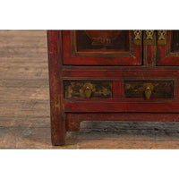 Chinese Qing Dynasty 19th Century Red Lacquer Cabinet with Painted Fruit Baskets