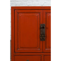 Chinese Qing Dynasty 19th Century Red Lacquer Cabinet with Doors and Drawers