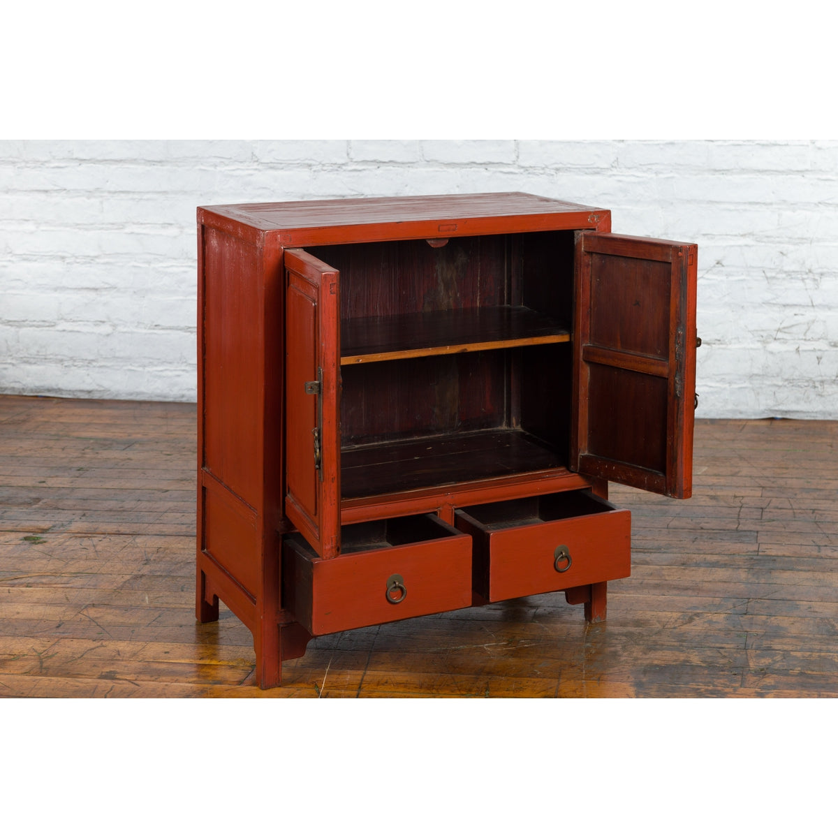 Chinese Qing Dynasty 19th Century Red Lacquer Cabinet with Doors and Drawers-12. Asian &amp; Chinese Furniture, Art, Antiques, Vintage Home Décor for sale at FEA Home