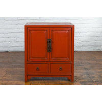 Chinese Qing Dynasty 19th Century Red Lacquer Cabinet with Doors and Drawers