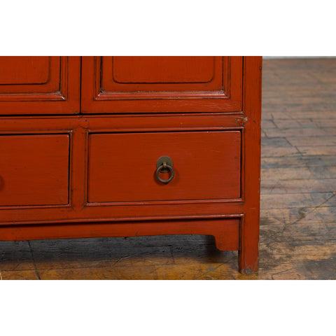 Chinese Qing Dynasty 19th Century Red Lacquer Cabinet with Doors and Drawers