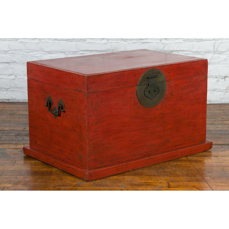 Chinese Qing Dynasty 19th Century Red Lacquer Blanket Chest with Brass Hardware - Antique Chinese and Vintage Asian Furniture for Sale at FEA Home