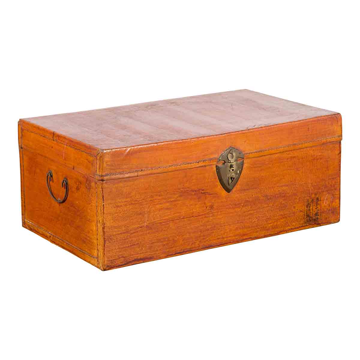 Chinese Antique Leather and Brass Trunk with Original Lacquer and Calligraphy-1. Asian & Chinese Furniture, Art, Antiques, Vintage Home Décor for sale at FEA Home
