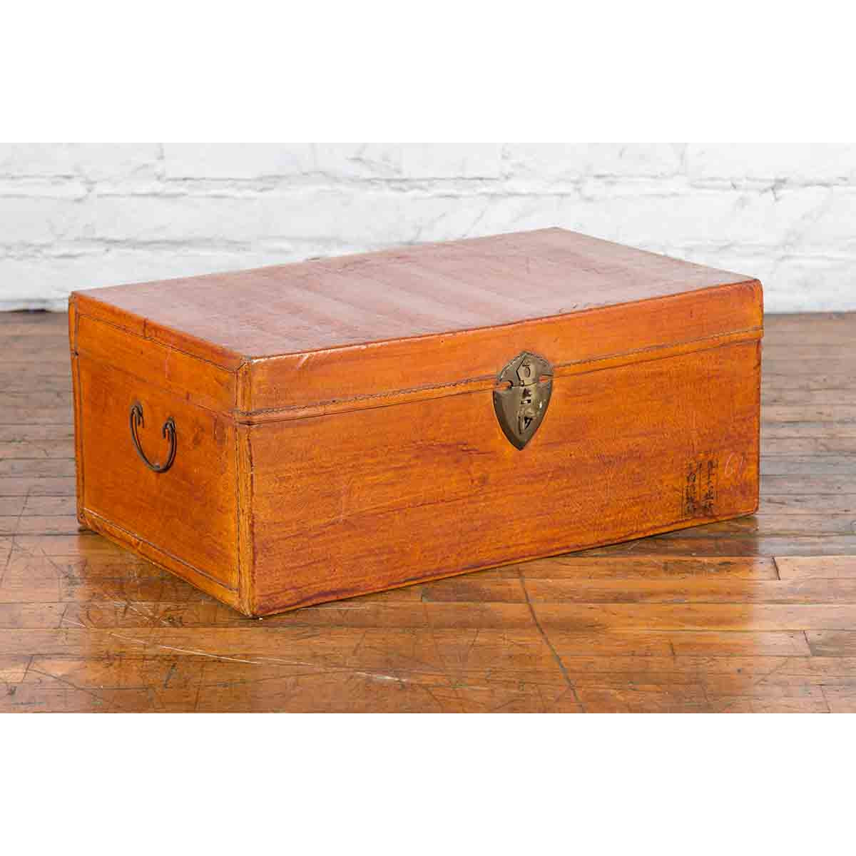 Chinese Antique Leather and Brass Trunk with Original Lacquer and Calligraphy-2. Asian & Chinese Furniture, Art, Antiques, Vintage Home Décor for sale at FEA Home