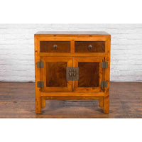 Chinese Antique Elm and Burlwood Two-Toned Side Cabinet with Doors and Drawers