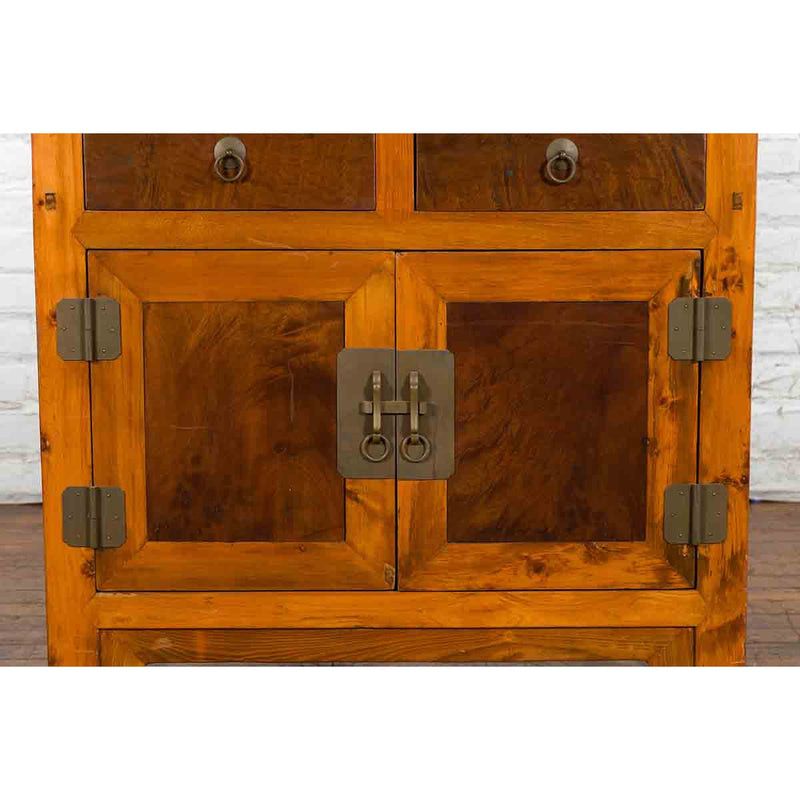 Chinese Antique Elm and Burlwood Two-Toned Side Cabinet with Doors and Drawers-8. Asian & Chinese Furniture, Art, Antiques, Vintage Home Décor for sale at FEA Home