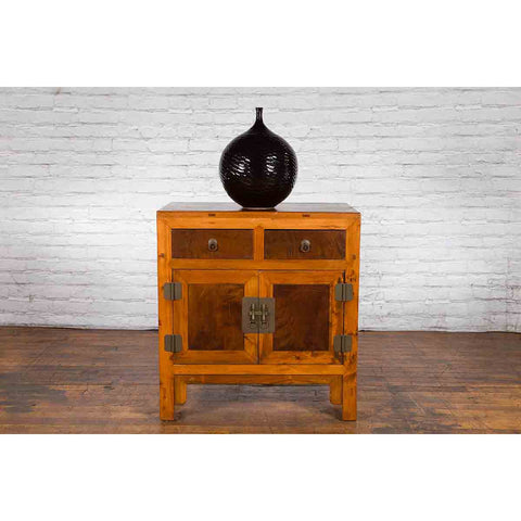Chinese Antique Elm and Burlwood Two-Toned Side Cabinet with Doors and Drawers-3. Asian & Chinese Furniture, Art, Antiques, Vintage Home Décor for sale at FEA Home