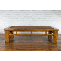 Chinese Qing Dynasty Elm Lohan Bed Coffee Table with Hand-Woven Rattan Top