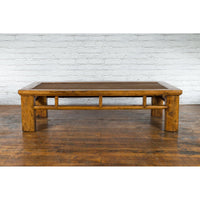 Chinese Qing Dynasty Elm Lohan Bed Coffee Table with Hand-Woven Rattan Top