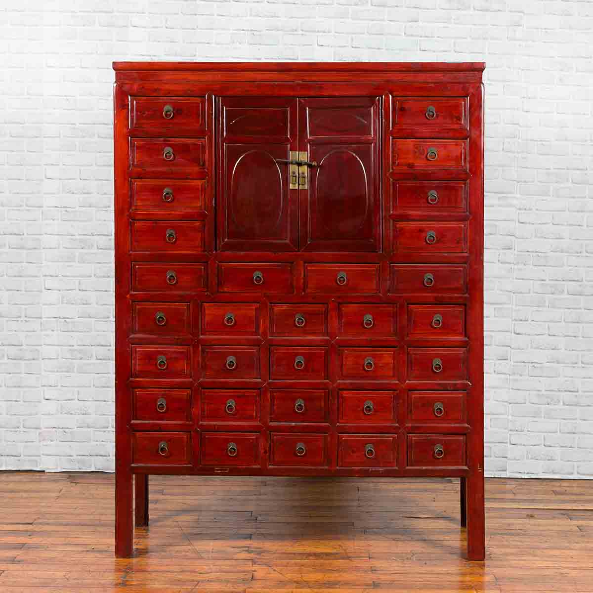 Chinese Qing Dynasty Period Red Lacquered Apothecary Cabinet with 32 Drawers-2. Asian & Chinese Furniture, Art, Antiques, Vintage Home Décor for sale at FEA Home