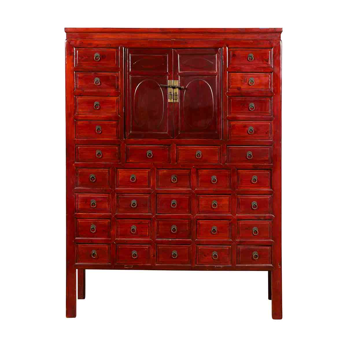 Chinese Qing Dynasty Period Red Lacquered Apothecary Cabinet with 32 Drawers-1. Asian & Chinese Furniture, Art, Antiques, Vintage Home Décor for sale at FEA Home