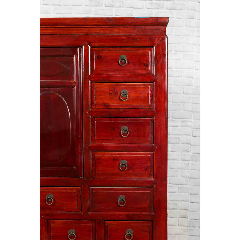 Chinese Qing Dynasty Period Red Lacquered Apothecary Cabinet with 32 Drawers