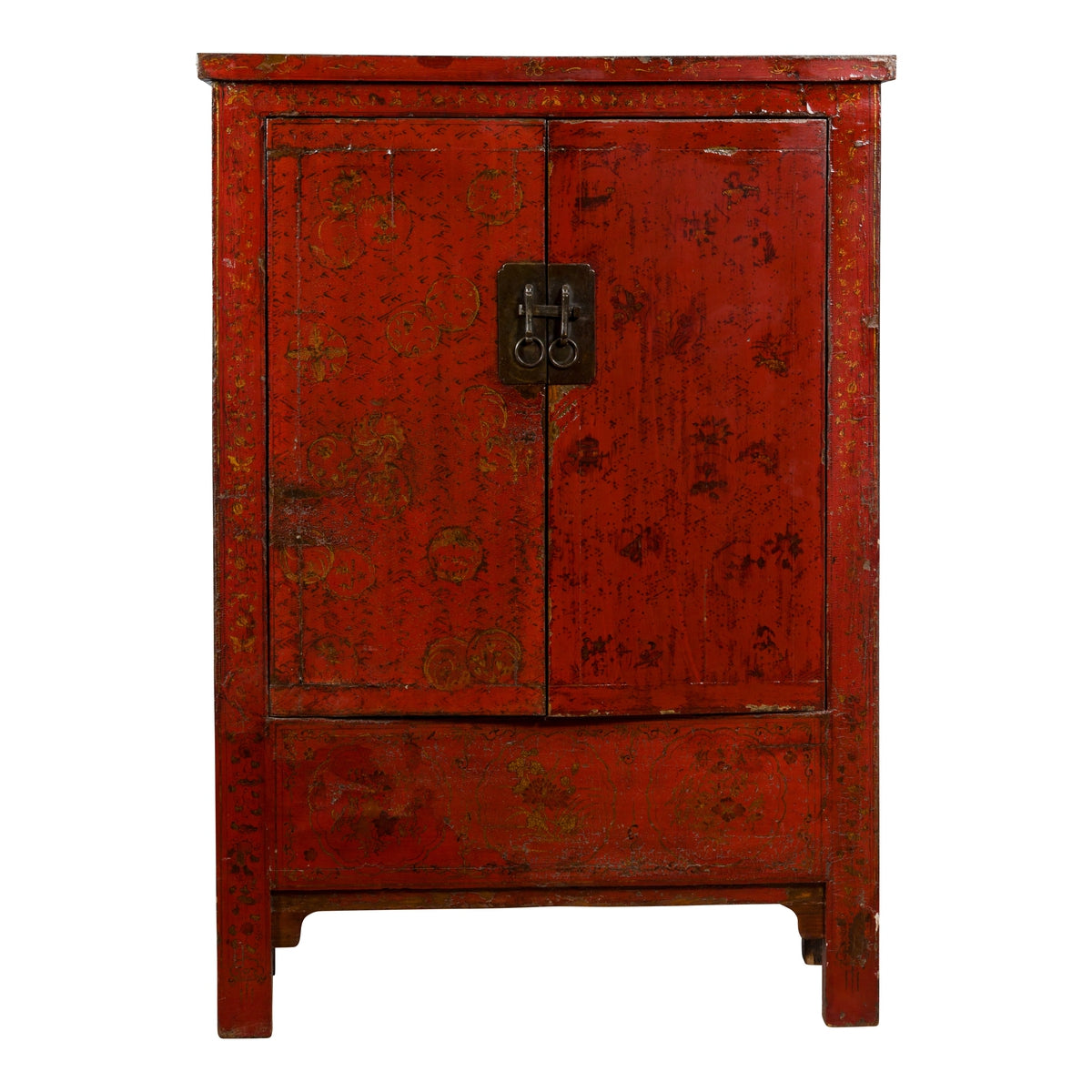 Qing Dynasty Period 19th Century Red Lacquer Shanxi Cabinet with Floral Décor-1. Asian & Chinese Furniture, Art, Antiques, Vintage Home Décor for sale at FEA Home