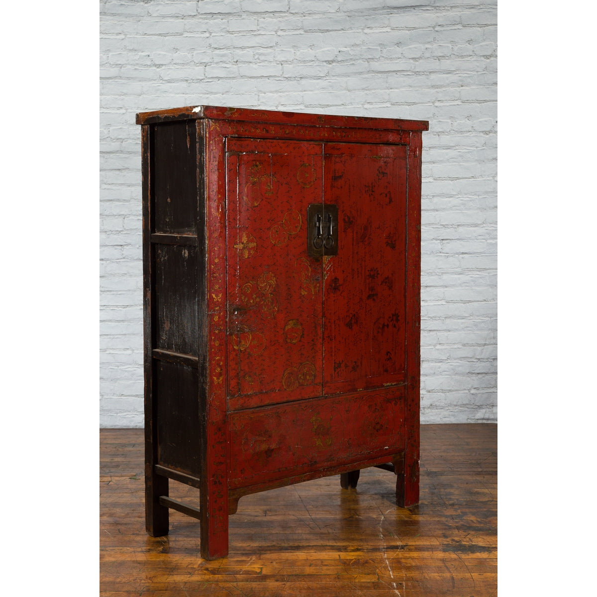 Qing Dynasty Period 19th Century Red Lacquer Shanxi Cabinet with Floral Décor-10. Asian &amp; Chinese Furniture, Art, Antiques, Vintage Home Décor for sale at FEA Home