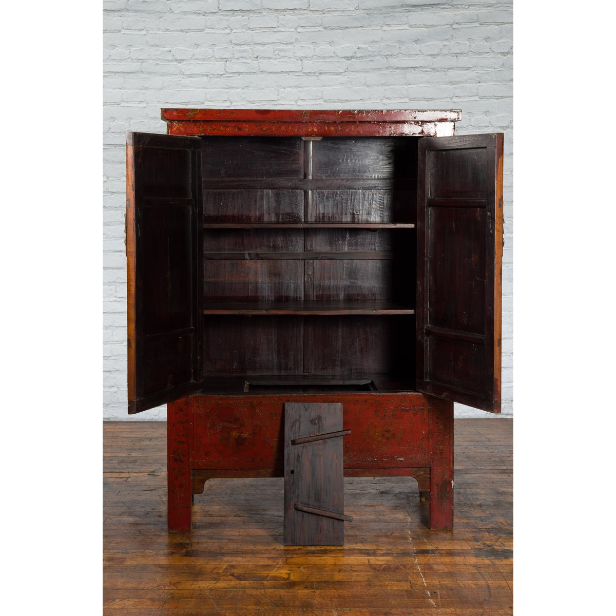 Qing Dynasty Period 19th Century Red Lacquer Shanxi Cabinet with Floral Décor-3. Asian &amp; Chinese Furniture, Art, Antiques, Vintage Home Décor for sale at FEA Home