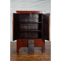 Qing Dynasty Period 19th Century Red Lacquer Shanxi Cabinet with Floral Décor