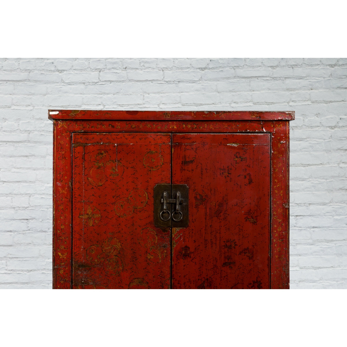 Qing Dynasty Period 19th Century Red Lacquer Shanxi Cabinet with Floral Décor-4. Asian &amp; Chinese Furniture, Art, Antiques, Vintage Home Décor for sale at FEA Home