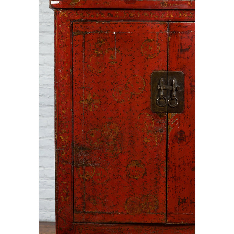 Qing Dynasty Period 19th Century Red Lacquer Shanxi Cabinet with Floral Décor - Antique Chinese and Vintage Asian Furniture for Sale at FEA Home