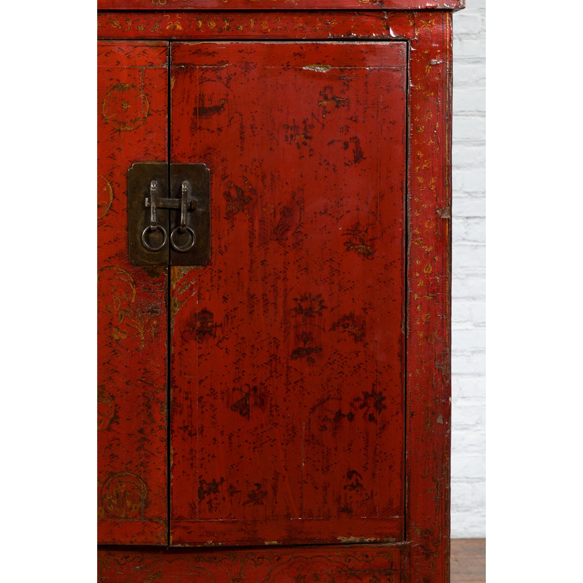 Qing Dynasty Period 19th Century Red Lacquer Shanxi Cabinet with Floral Décor-7. Asian &amp; Chinese Furniture, Art, Antiques, Vintage Home Décor for sale at FEA Home