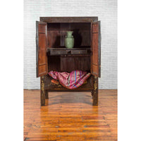 Chinese Qing Two-Door Cabinet with Chinoiserie and Original Black Lacquer
