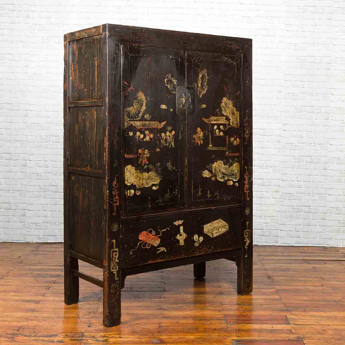 Chinese Qing Two-Door Cabinet with Chinoiserie and Original Black Lacquer-2. Asian & Chinese Furniture, Art, Antiques, Vintage Home Décor for sale at FEA Home