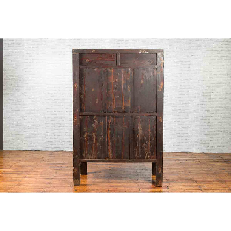 Chinese Qing Two-Door Cabinet with Chinoiserie and Original Black Lacquer