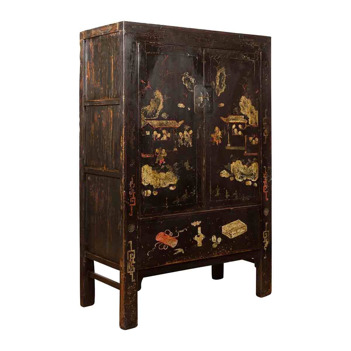 Chinese Qing Two-Door Cabinet with Chinoiserie and Original Black Lacquer-1. Asian & Chinese Furniture, Art, Antiques, Vintage Home Décor for sale at FEA Home