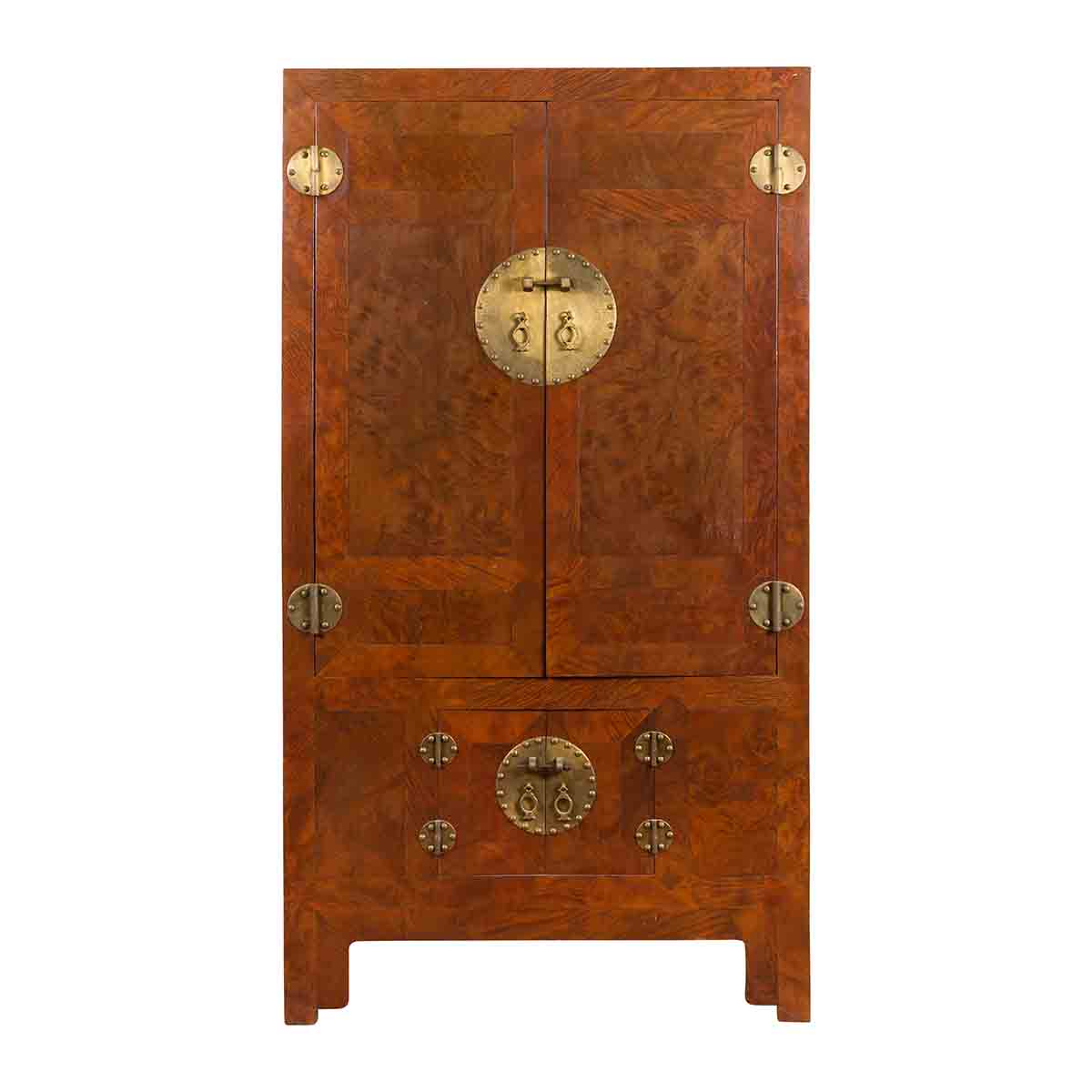 Chinese Hebei Province Early 20th Century Burl Wood Cabinet with Brass Medallion-1. Asian & Chinese Furniture, Art, Antiques, Vintage Home Décor for sale at FEA Home